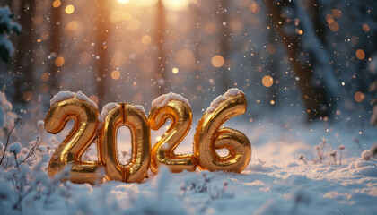 Shiny gold foil balloons in the shape of the numbers 2026 in the snow. Soft golden bokeh and snowflakes flutter in the forest background creating a holiday atmosphere. Generative AI