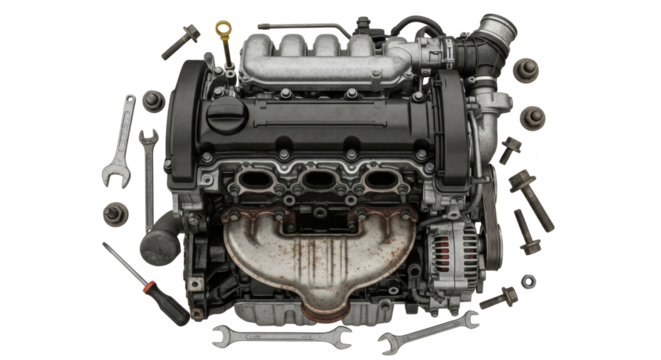 Realistic Car Engine with Tools Isolated Transparent Background