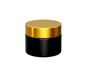 Luxury black cosmetic jar with glossy gold cap, isolated for product mockups. 3d illustration