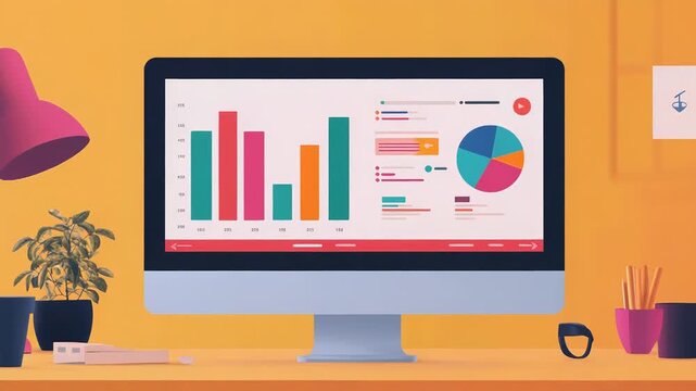 Computer monitor displaying business data charts and financial analytics