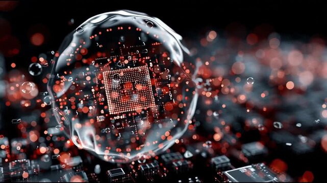 AI Bubble. Sci-fi finance. AI collapse concept. Modern economic symbolism. A digital circuit with glowing elements in a futuristic design.