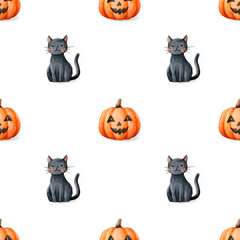Playful watercolor pattern of pumpkins and black cats on white, ideal for Halloween stock illustration.