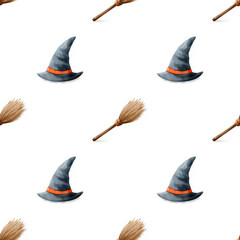 Whimsical watercolor pattern of blue witch hats with orange bands and brown broomsticks on white.