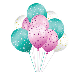 Realistic glossy golden, purple, black and white balloon vector illustration on transparent background. Balloons for Birthday, festive occasions, parties, weddings. Festival romantic decorations.