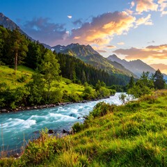Scenic view of a river flowing through a mountain landscape at sunset