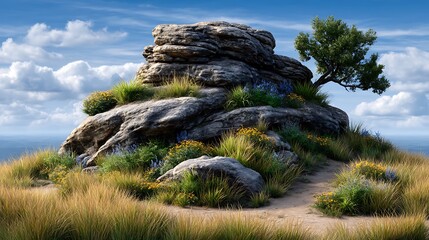 A rocky outcrop with scattered wildflowers and grasses. © sana