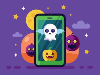 Halloween Ghost and Pumpkins on a Smartphone Screen