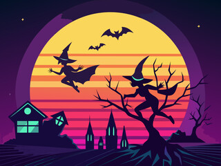 Halloween witches flying over haunted village at sunset