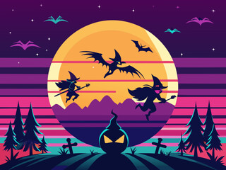 Halloween witches flying with bats against a large moon