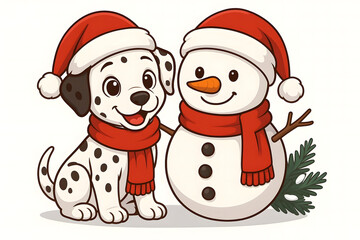 Dalmatian Dog with Snowman and Christmas Scarf