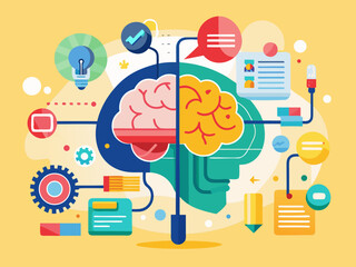 Stylized Brain with Icons for Ideas, Planning, and Productivity