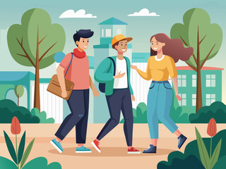 Three young friends walking and talking in a park setting