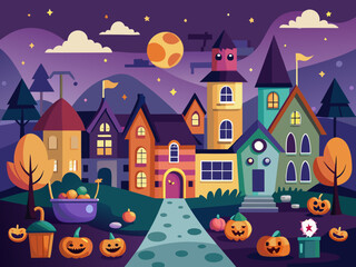Whimsical Halloween Village with Colorful Houses and Pumpkins