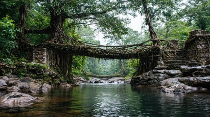 Fototapeta premium A breathtaking root bridge spanning a tranquil river.