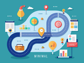 Winding road with icons representing goals and progress 