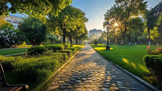 A serene park scene captures morning light filtering through trees along a winding cobblestone path lined with benches and blooming flowers