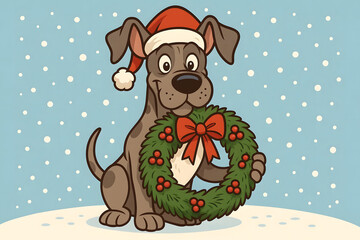 Gray Dog with Christmas Wreath and Santa Hat