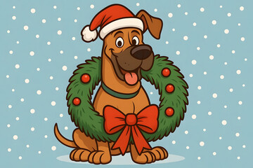 Large Brown Dog Wearing Christmas Wreath and Santa Hat