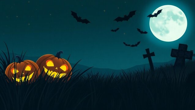 Spooky halloween night with glowing jack o lanterns and bats under a full moon - Powered by Adobe