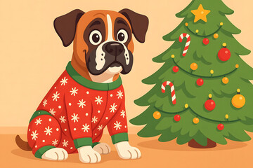 Boxer Dog in Christmas Sweater beside Decorated Tree