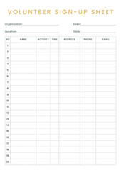 Clean Minimalist Volunteer Sign-Up Sheet Template for Organization or Event
