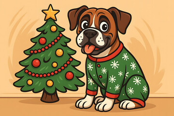 Boxer Dog in Christmas Sweater beside Tree