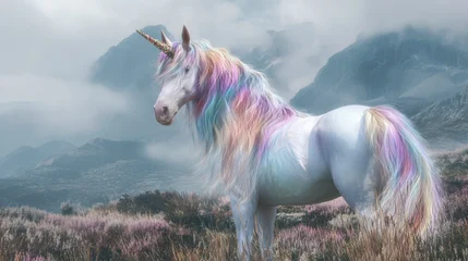 Wandcirkels Eenhoorn Mystical unicorn with rainbow mane on misty mountain meadow, fantasy magical creature  © Darya