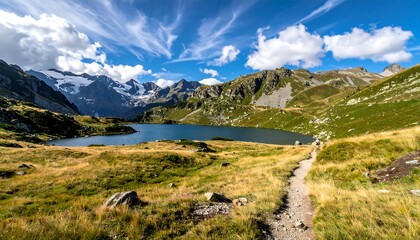 Scenic view of a serene mountain lake surrounded by peaks and a hiking trail