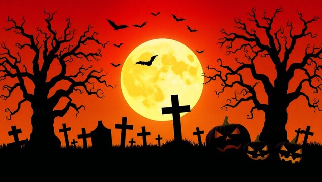 Spooky halloween scene with full moon haunted graveyard and silhouetted trees