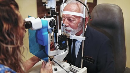 Female ophthalmologist examining a senior male patient's eyes with a slit lamp machine in her modern clinic, carefully checking his vision and diagnosing any potential eye diseases - Powered by Adobe