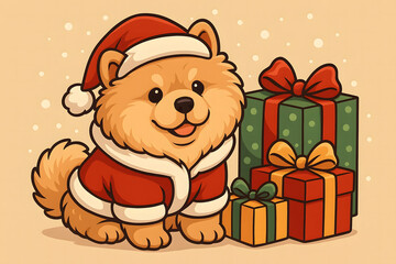 Fluffy Golden Dog with Santa Hat and Presents