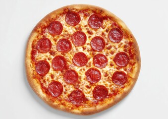 Overhead view of a pepperoni pizza.  A round pizza topped with numerous slices of pepperoni, sitting on a plain white surface. The pizza has a golden-brown crust and melted cheese
