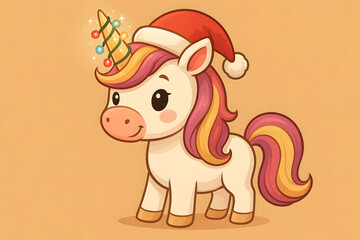 Cute Unicorn in Santa Hat and Golden Horn