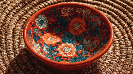 Vibrant hand-painted ceramic bowl bursts with floral artistry, adding rustic charm to any tabletop setting, perfect for decorative display or serving