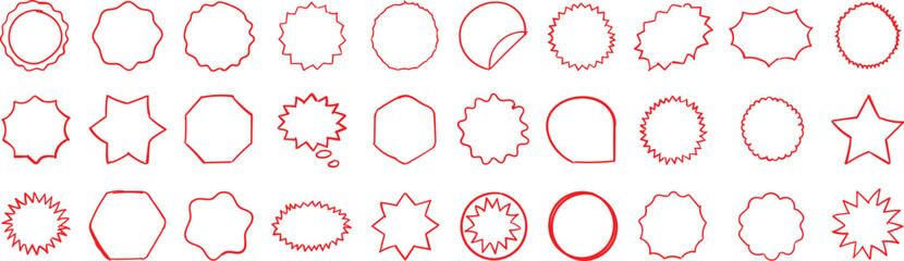 Hand drawn doodles collection of various red outline shapes ,outline, circle, star, hexagon, octagon, speech, bubble, label, tag isolated on white background