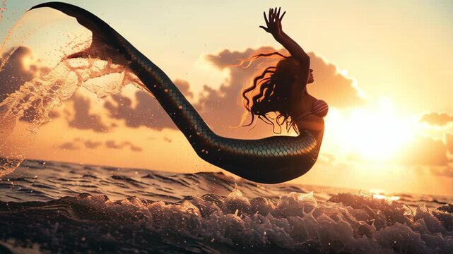 A mermaid is swimming in the ocean. The mermaid has a long tail and is surrounded by water. A silhouette of a mermaid emerging from the ocean waves