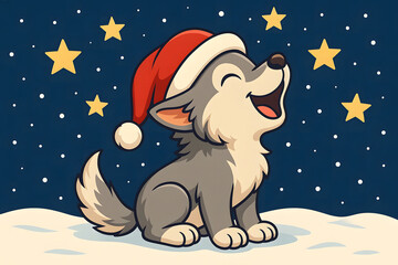 Howling Husky Dog with Santa Hat under Stars