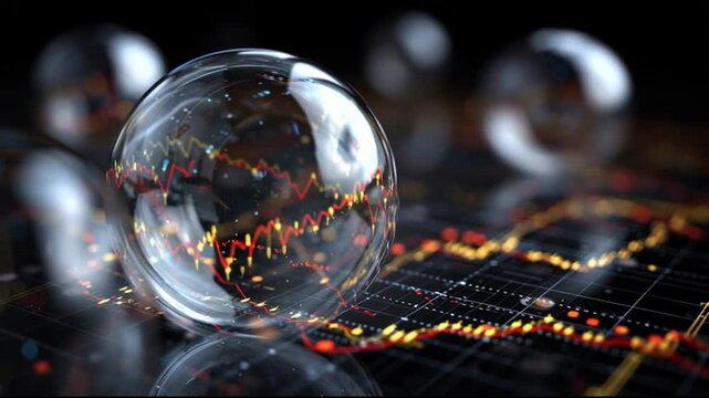 AI Bubble. Sci-fi finance. AI collapse concept. Modern economic symbolism. Glass spheres reflecting charts and graphs on a dark background.