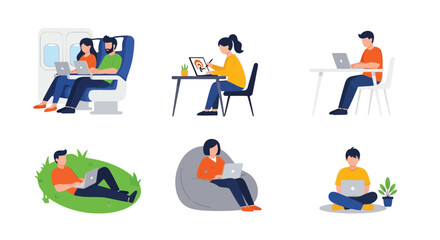 People working on laptops in various unconventional locations, including an airplane, a park, a beanbag chair, and a traditional desk