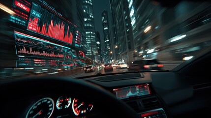 AI integrated smart city and transportation, A futuristic view from a car dashboard driving through a city at night, digital interfaces and vibrant city lights