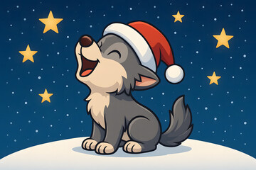 Cute Wolf Howling in Santa Hat on Snowy Night