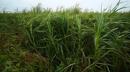 Obraz premium Lush green grassland with tall reed plants swaying in the wind landscape