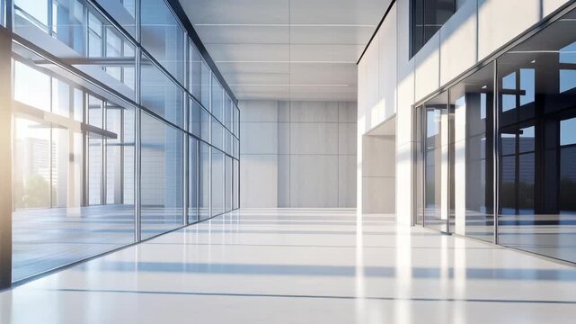 A large, empty room with a lot of windows. The windows are clear and let in a lot of light. A sleek modern commercial building with a mix of steel