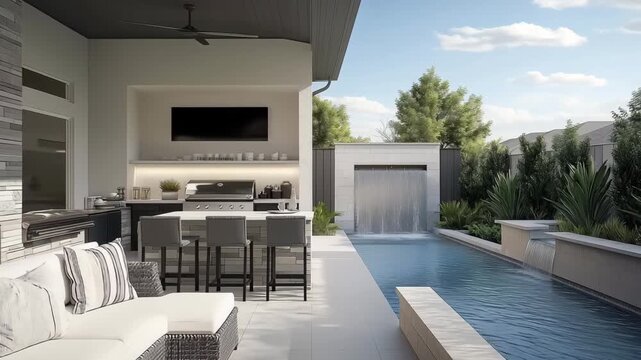 An outdoor living area showcases a contemporary kitchen, seating, and a tranquil pool with a waterfall in a private setting