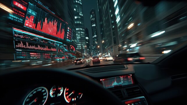 AI integrated smart city and transportation, A futuristic view from a car dashboard driving through a city at night, digital interfaces and vibrant city lights - Powered by Adobe