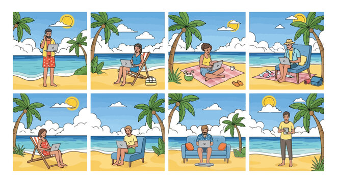 Diverse group of people working remotely on laptops and tablets at the beach, enjoying a relaxed summer vacation and freelance lifestyle