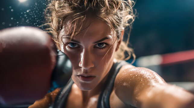 Female boxer delivers a powerful punch in the ring wearing red gloves, close-up intense sports training