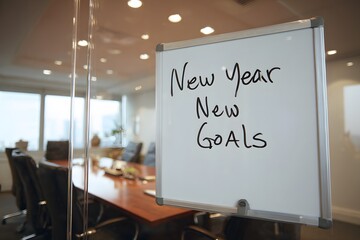 New Year, New Goals Written on Office Whiteboard. Business Motivation Concept – New Year, New Goals in the Workplace or corporate office