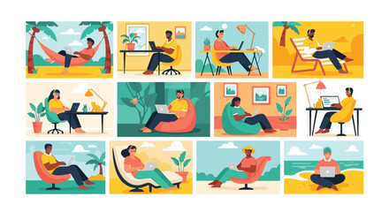Diverse group of people working remotely on laptops in various comfortable settings, including beach, hammock, office, and beanbag chair, illustrating modern worklife balance and flexibility