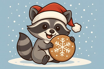 Cute Christmas Raccoon Holding Gingerbread Cookie Cartoon
